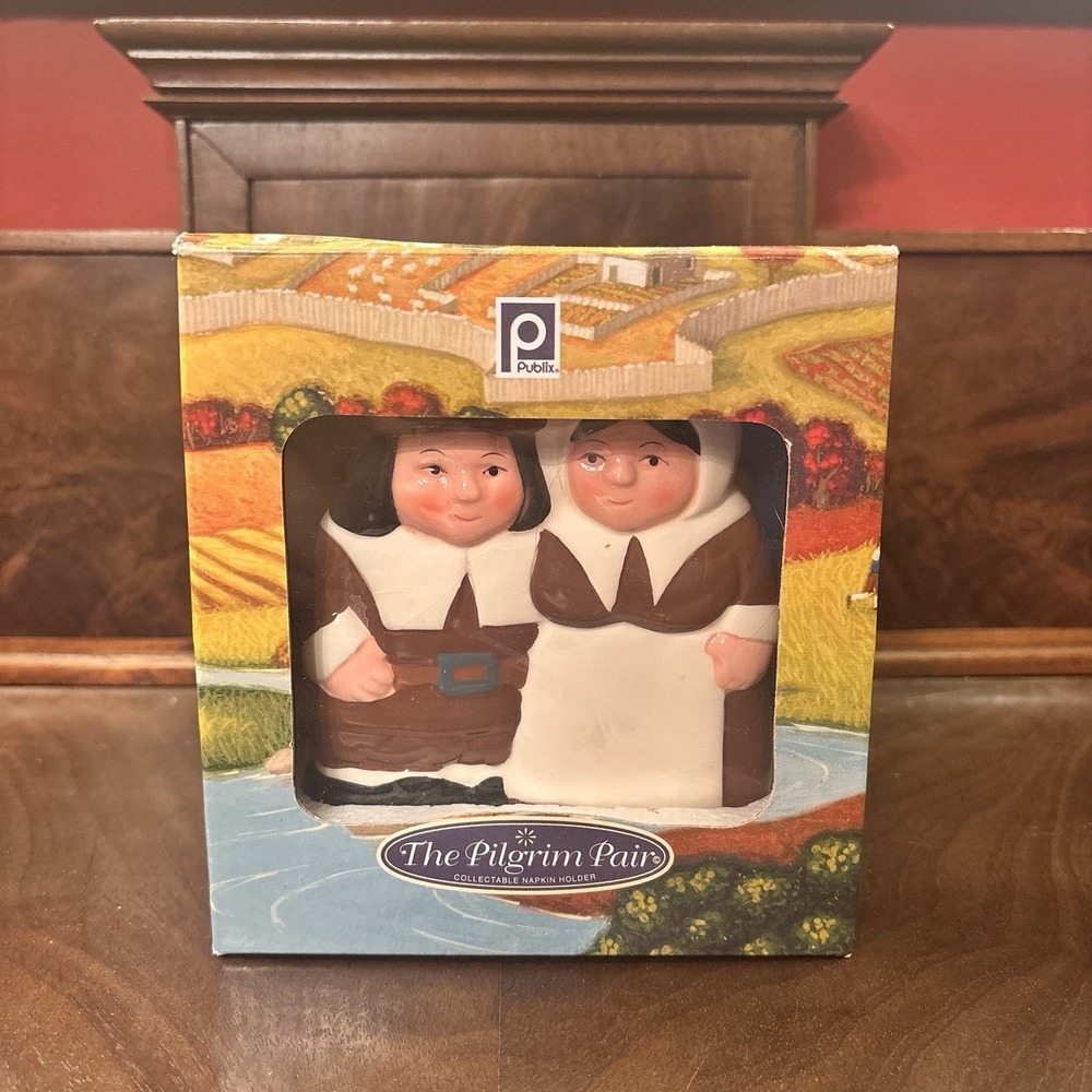 Publix Pilgrim Pair Napkin Holder Ceramic Thanksgiving‎ Fall Decor Collectible